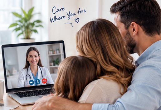 A family connects with a healthcare professional by video